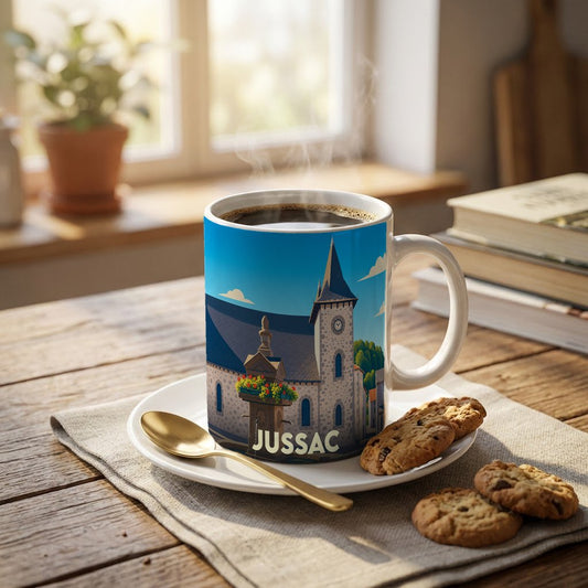 Mug souvenir de la ville de Jussac avec une illustration stylisée de son église et de sa fontaine fleurie.