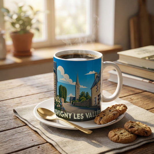 Mug souvenir de la ville de Juvigny les Vallées avec une illustration stylisée.