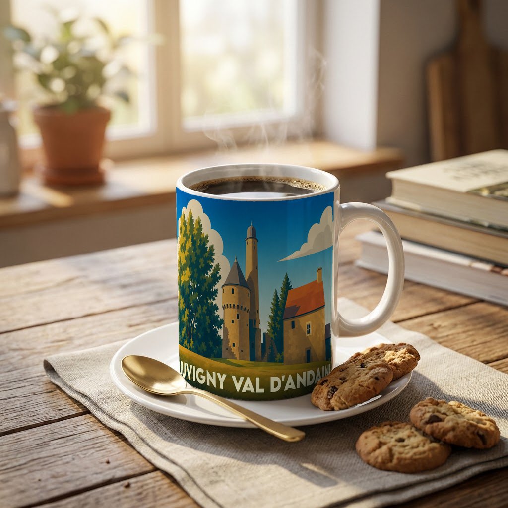 Mug souvenir de la ville de Juvigny Val d'Andaine avec une illustration stylisée d'un château et d'une maison de campagne.