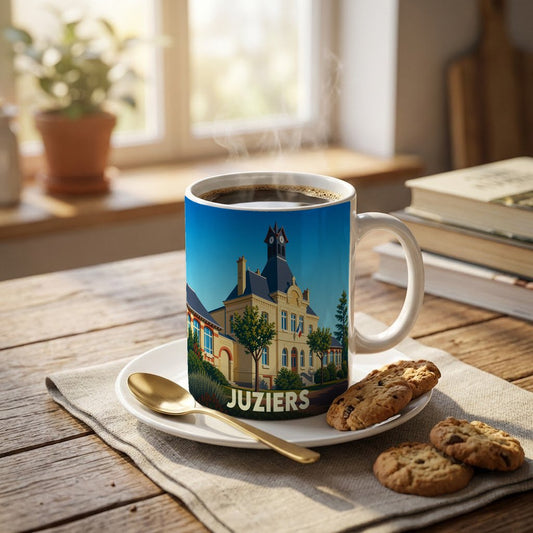 Mug souvenir de la ville de Juziers orné d'une illustration stylisée de son hôtel de ville.