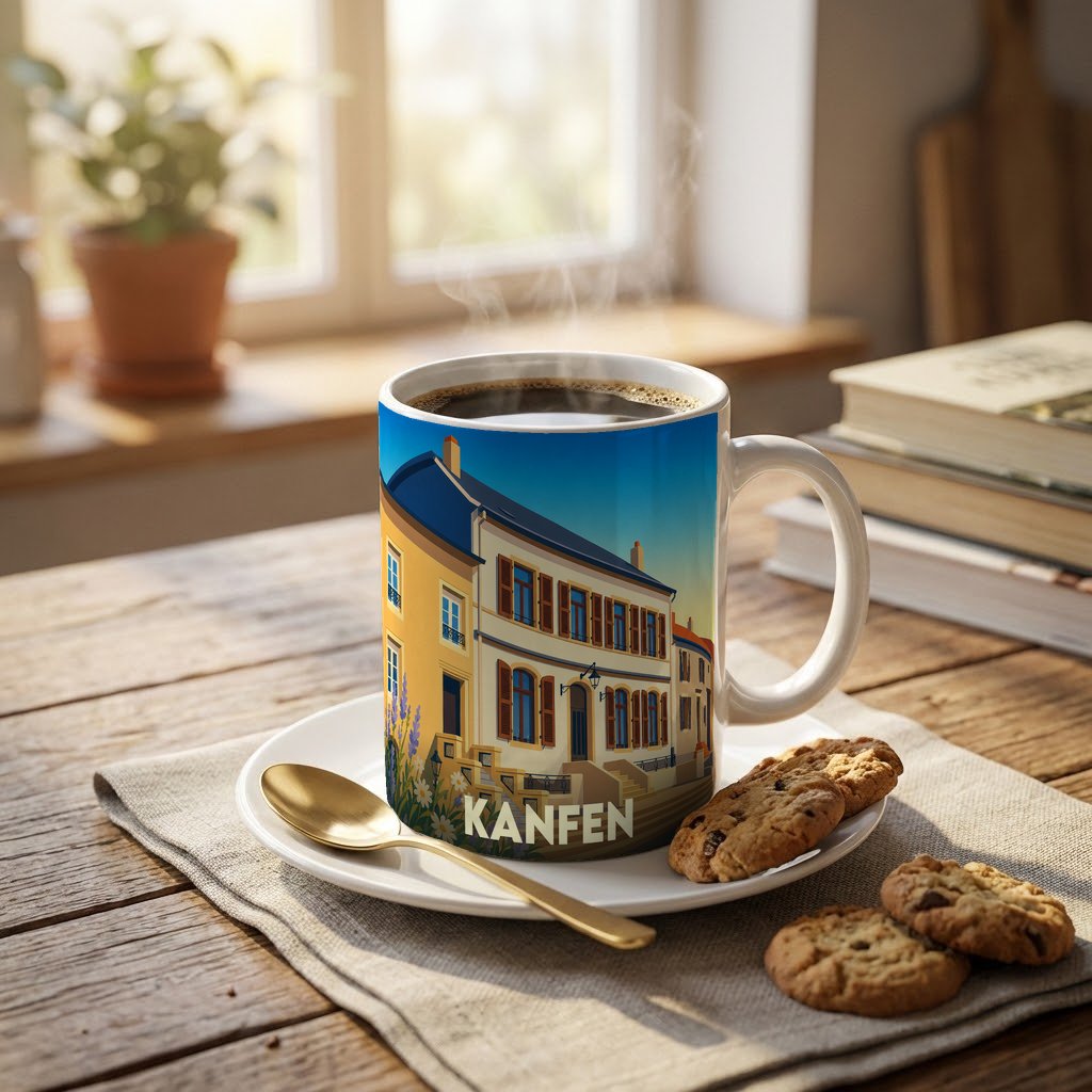 Mug souvenir de la ville de Kanfen orné d'une illustration stylisée de bâtiments traditionnels.