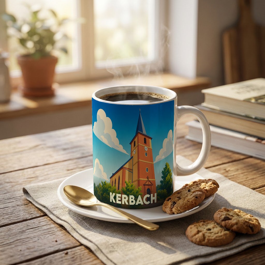 Mug souvenir de la ville de Kerbach illustré d'une église stylisée sous un ciel bleu.