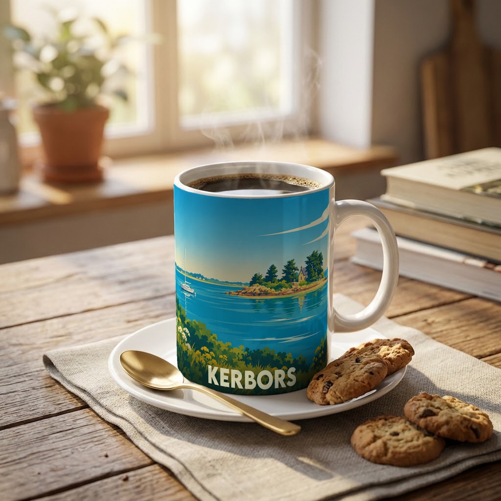 Mug souvenir de la ville de Kerbors orné d'une illustration côtière stylisée.