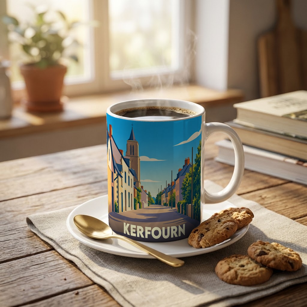 Mug souvenir de la ville de Kerfourn orné d'une illustration stylisée d'une rue typique.