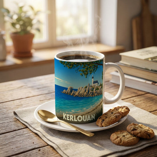 Mug souvenir de la ville de Kerlouan avec une illustration stylisée de son littoral rocheux.