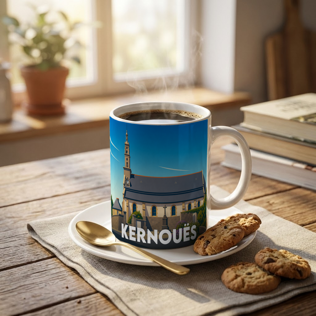 Mug souvenir de la ville de Kernouës avec une illustration stylisée.