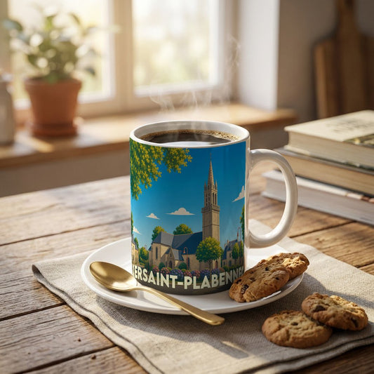 Mug souvenir de la ville de Kersaint-Plabennec avec une illustration stylisée d'une église sous un ciel bleu.
