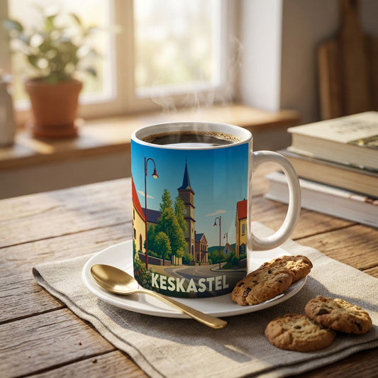 Mug souvenir de la ville de Keskastel avec une illustration stylisée d'un paysage urbain.