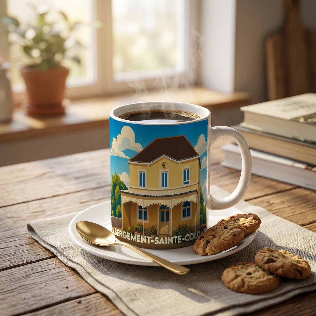 Mug souvenir de la ville de L'Abergement-Sainte-Colombe illustré d'une maison stylisée sous un ciel bleu.