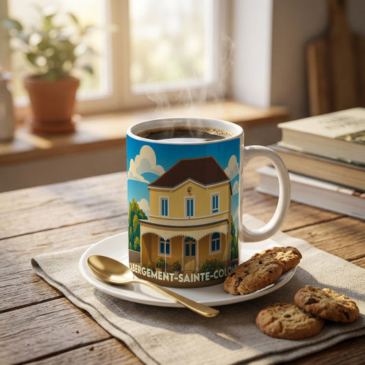 Mug souvenir de la ville de L'Abergement-Sainte-Colombe illustré d'une maison stylisée sous un ciel bleu.