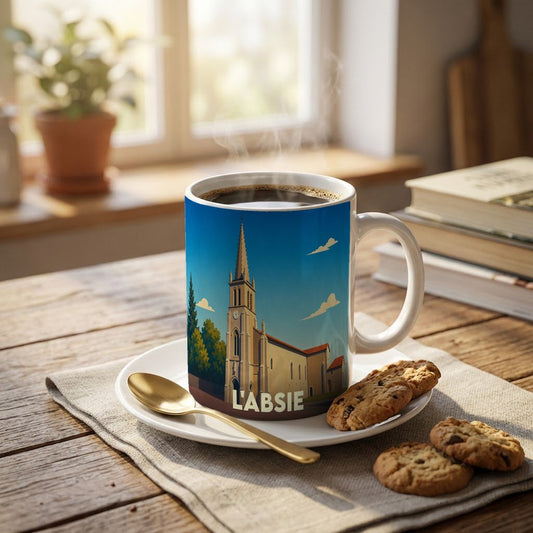 Mug souvenir de la ville de L'Absie avec une illustration stylisée de son église.