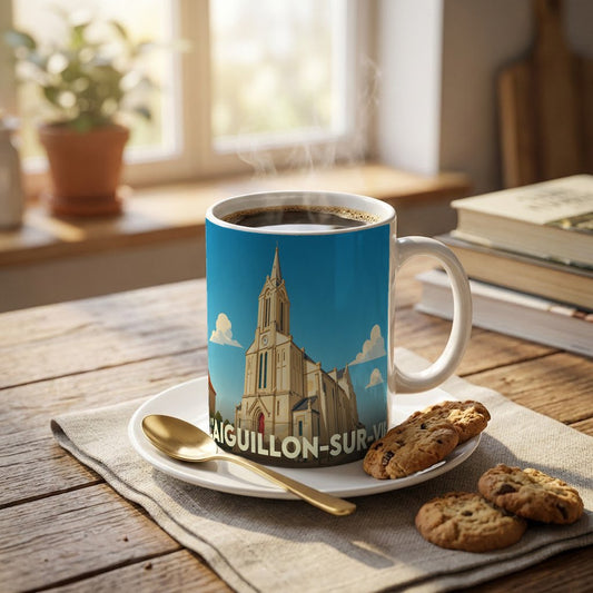 Mug souvenir de la ville de L'Aiguillon-sur-Vie avec une illustration stylisée de son église.