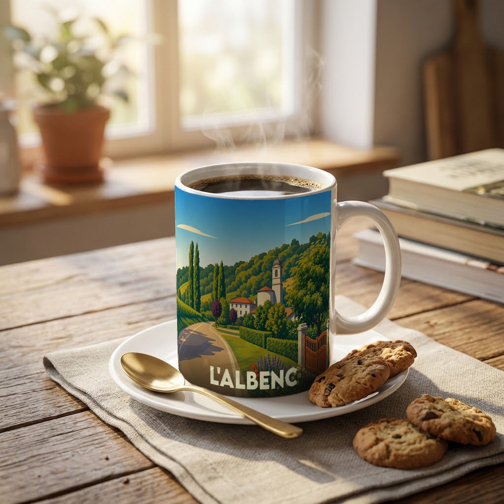 Mug souvenir de la ville de L'Albenc illustré par un paysage champêtre stylisé.