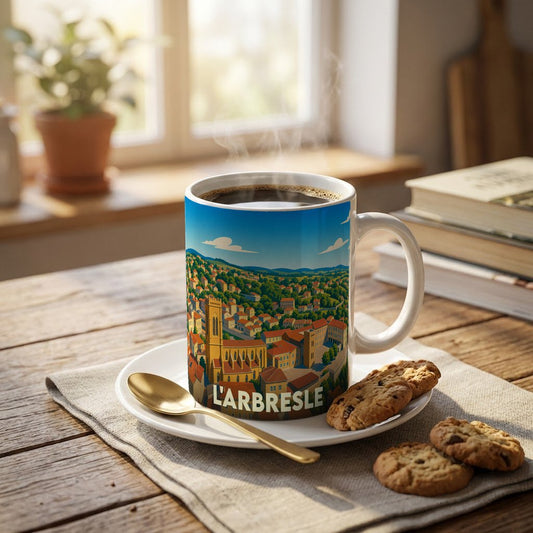 Mug souvenir de la ville de L'Arbresle avec une illustration stylisée et colorée du centre historique.