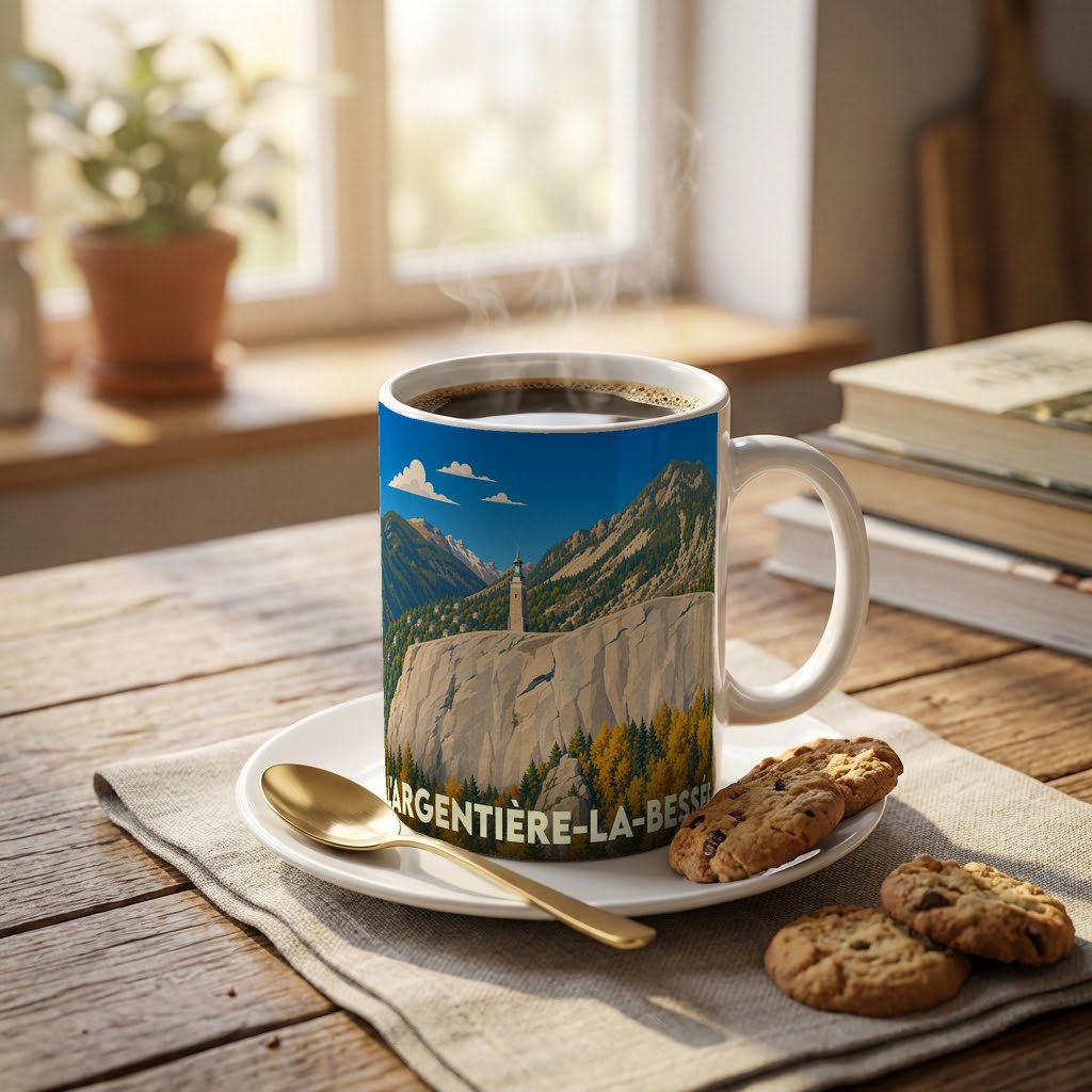 Mug souvenir de la ville de L'Argentière-la-Bessée avec une illustration de paysages montagneux.