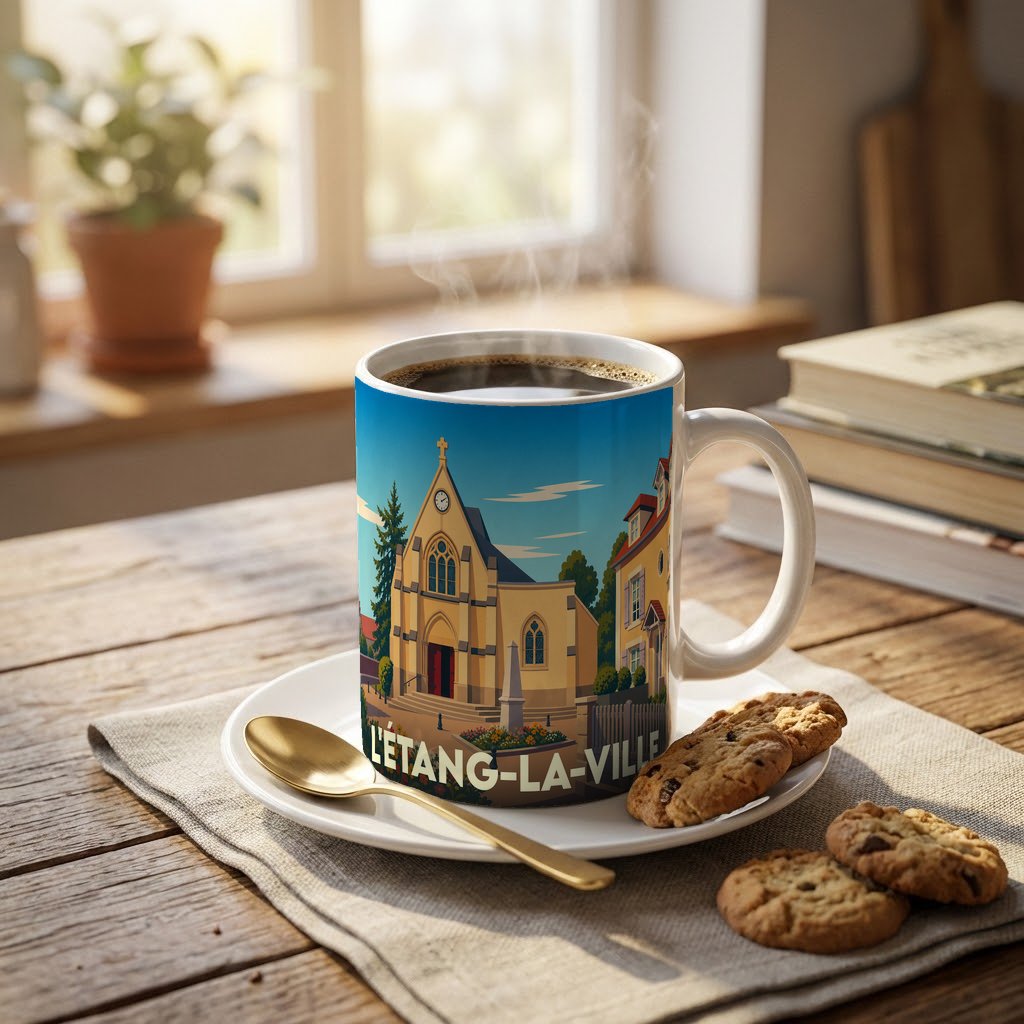 Mug souvenir de la ville de L'Étang-la-Ville avec une illustration stylisée d'une église sous un ciel bleu.