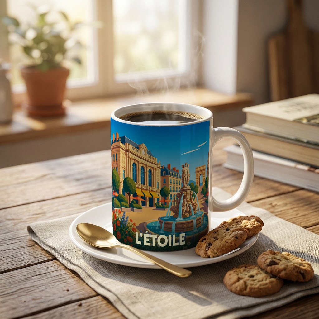 Mug souvenir de la ville de L'Étoile orné d'une illustration stylisée de sa place principale.