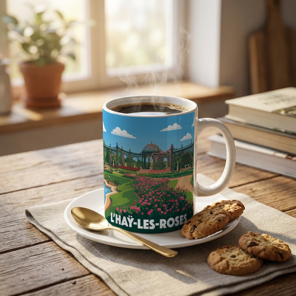 Mug souvenir de la ville de L'Haÿ-les-Roses avec une illustration stylisée de sa célèbre roseraie.