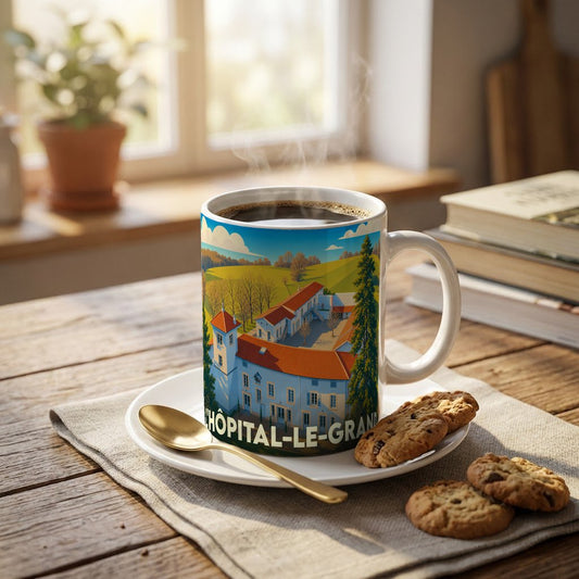 Mug souvenir de la ville de L'Hôpital-le-Grand orné d'une illustration stylisée de ses bâtiments et paysages.
