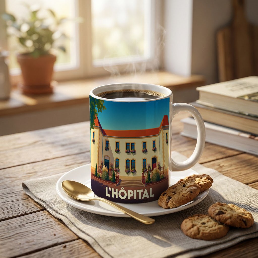 Mug souvenir de la ville de L'Hôpital avec une illustration stylisée.
