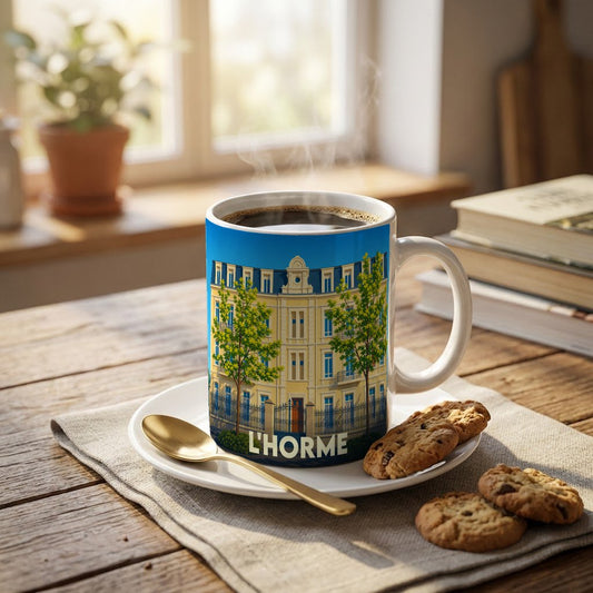 Mug souvenir de la ville de L'Horme avec une illustration stylisée d'un bâtiment classique.