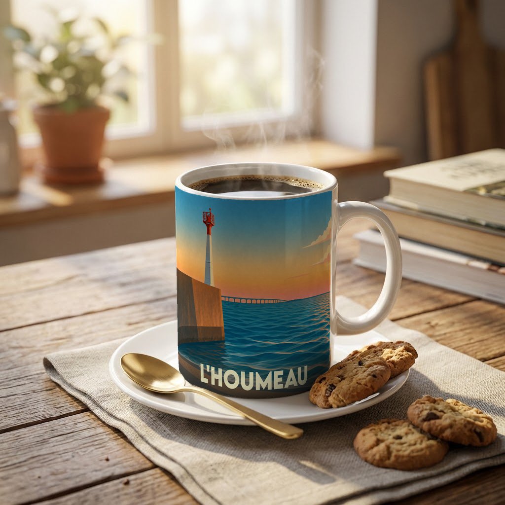 Mug souvenir de la ville de L'Houmeau illustré d'un phare au coucher du soleil sur l'océan.