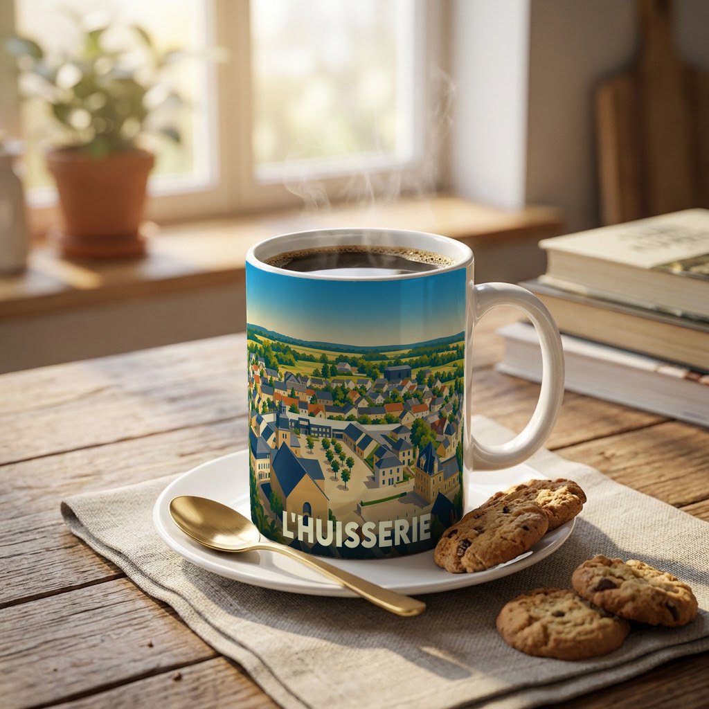 Mug souvenir de la ville de L'Huisserie avec une illustration stylisée du paysage urbain.