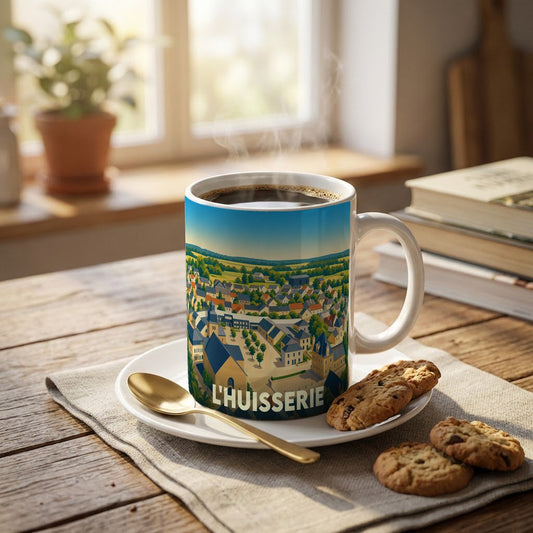 Mug souvenir de la ville de L'Huisserie avec une illustration stylisée du paysage urbain.