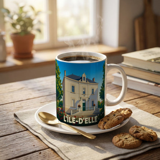 Mug souvenir de la ville de L'Île-d'Elle illustré par un dessin de maison bourgeoise traditionnelle.