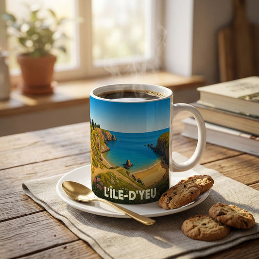 Mug souvenir de L'Île-d'Yeu orné d'une illustration stylisée de sa côte sauvage.