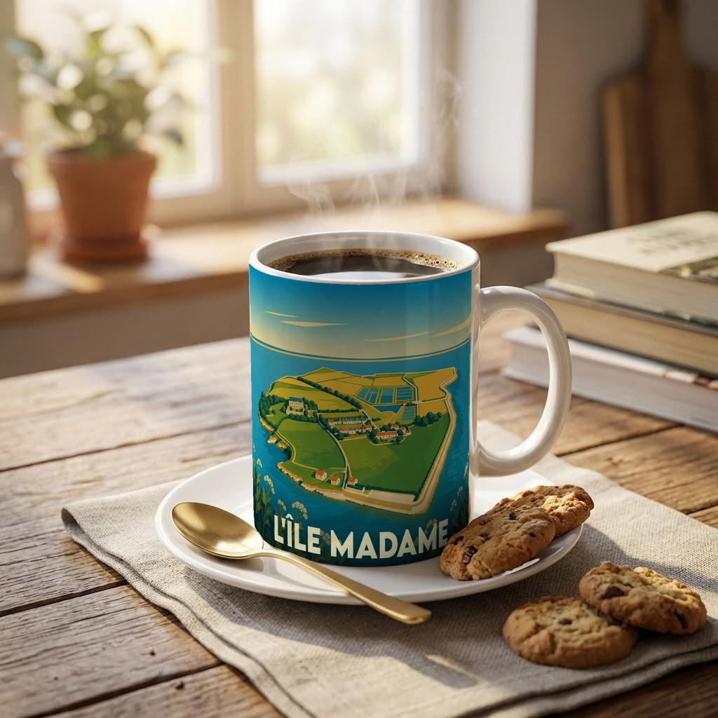 Mug souvenir de L'Île Madame arborant une illustration stylisée de l'île vue du ciel.