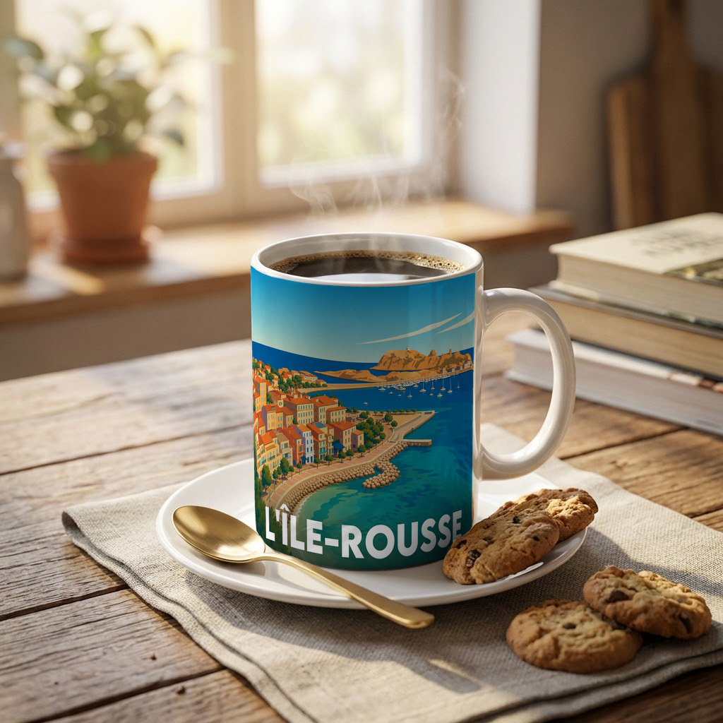 Mug souvenir de la ville de L'Île-Rousse avec une illustration stylisée de son littoral.