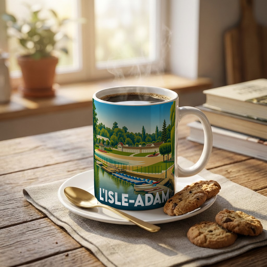 Mug souvenir de la ville de L'Isle-Adam orné d'une illustration stylisée de sa plage et de ses cabines.
