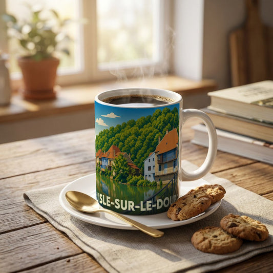 Mug souvenir de la ville de L'Isle-sur-le-Doubs avec une illustration stylisée.
