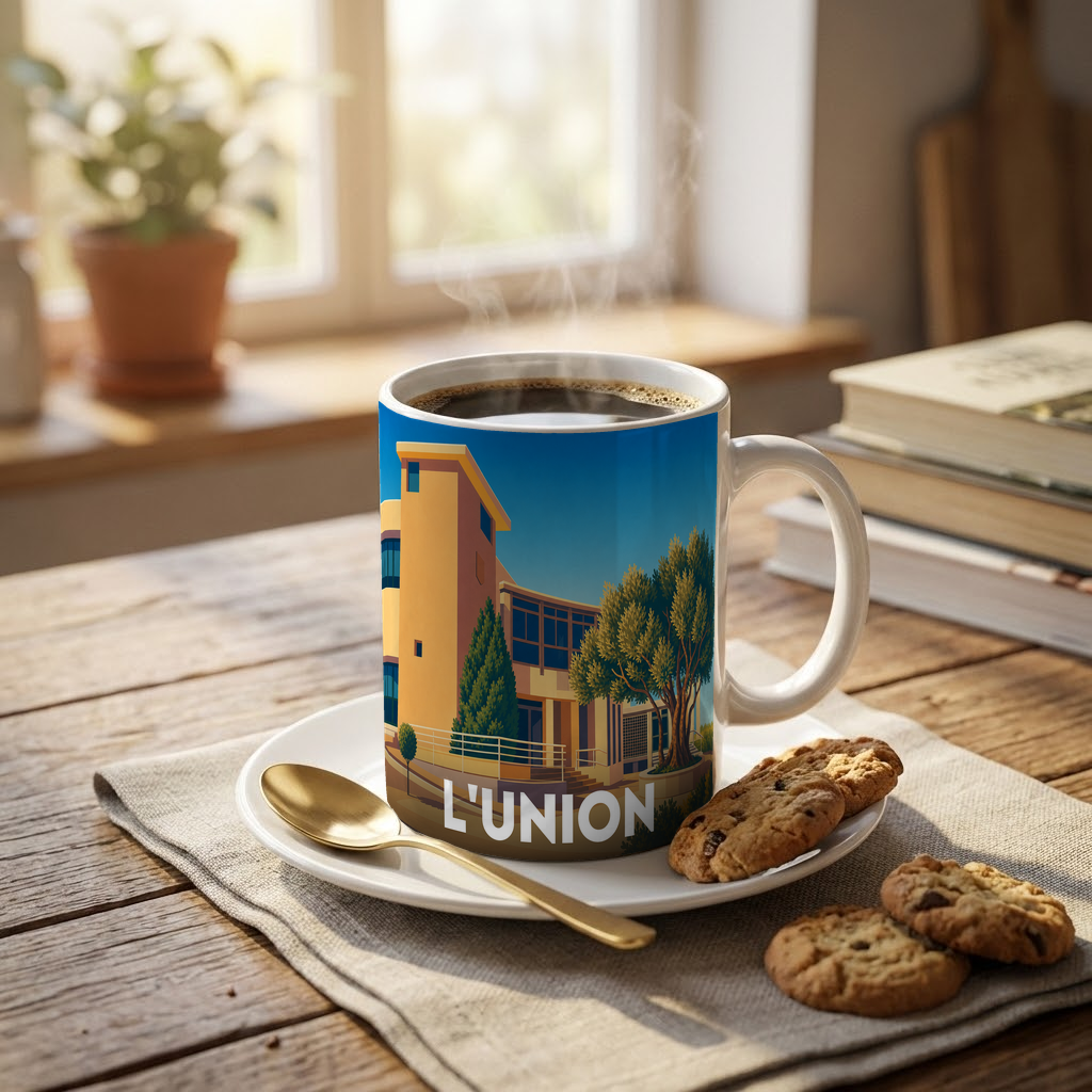 Mug souvenir de la ville de L'Union avec une illustration stylisée de son architecture moderne.