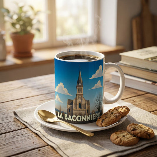 Mug souvenir de la ville de La Baconnière orné d'une illustration stylisée de son église.