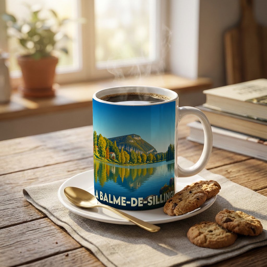 Mug souvenir de la ville de La Balme-de-Sillingy orné d'une illustration stylisée de son lac et de ses montagnes.