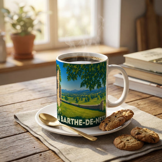 Mug souvenir de la ville de La Barthe-de-Neste orné d'une illustration paysagère stylisée.