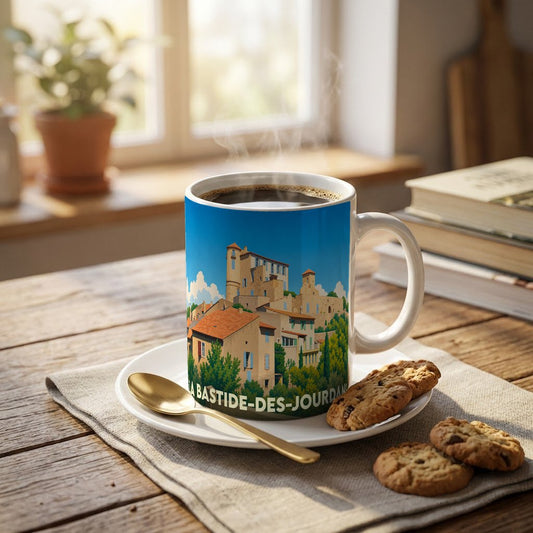 Mug souvenir de la ville de La Bastide-des-Jourdans orné d'une illustration stylisée de son village provençal.