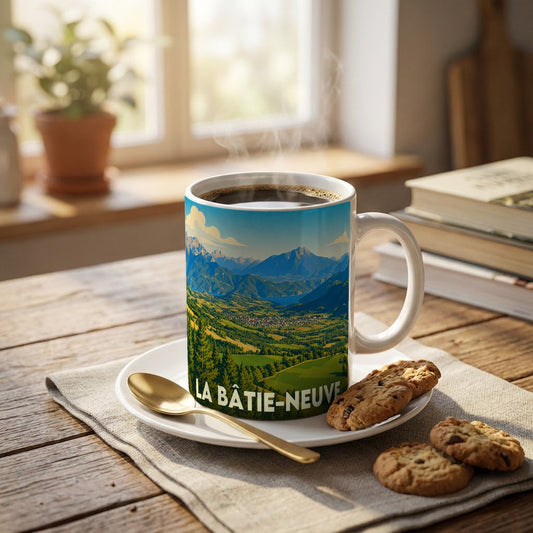 Mug souvenir de la ville de La Bâtie-Neuve orné d'une illustration de paysage montagneux.