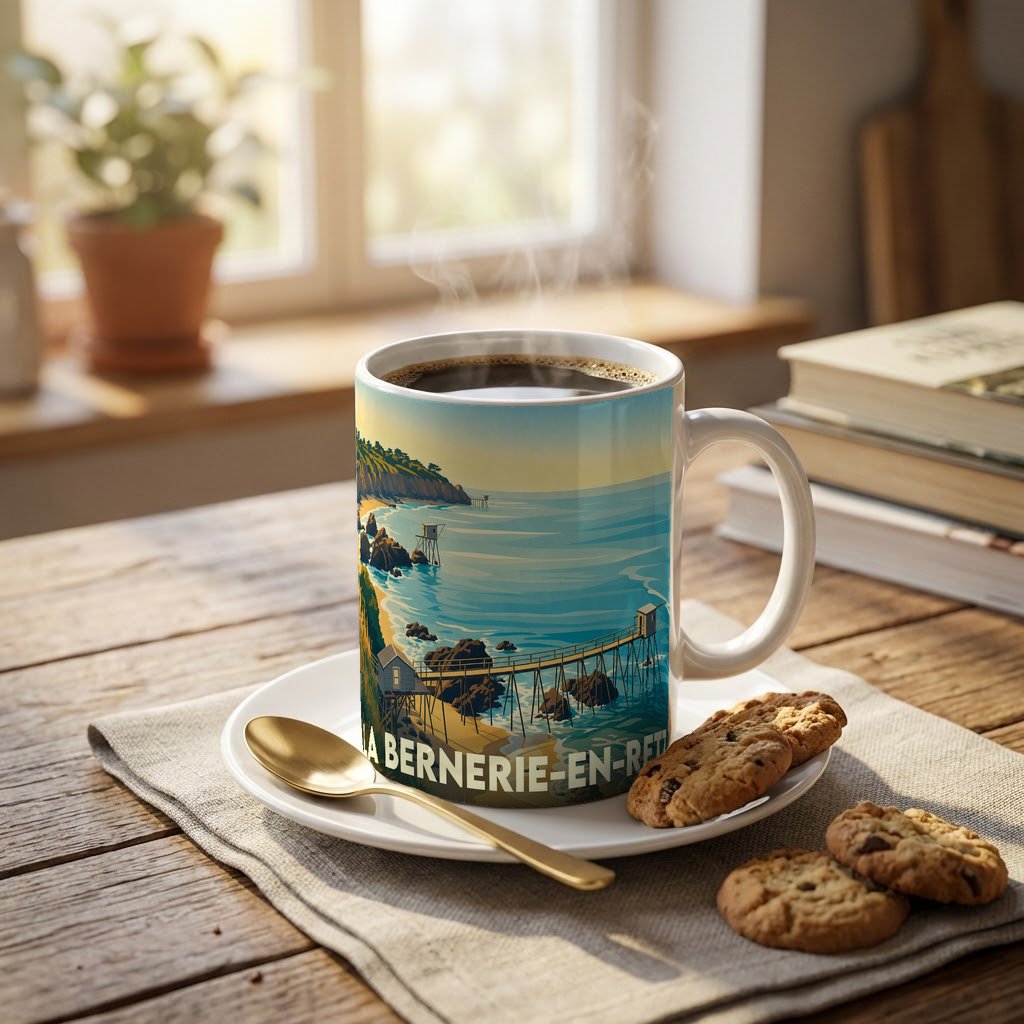 Mug souvenir de la ville de La Bernerie-en-Retz orné d'une illustration stylisée de son littoral et de ses pêcheries.