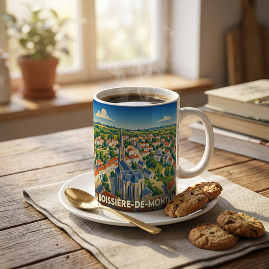 Mug souvenir de la ville de La Boissière-de-Montaigu avec une illustration panoramique stylisée.