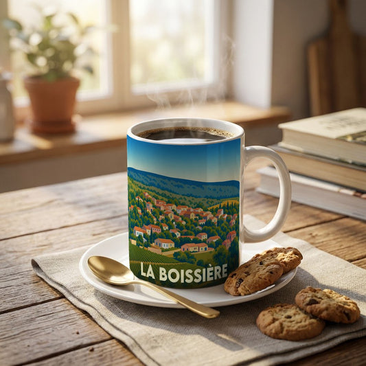 Mug souvenir de la ville de La Boissière avec une illustration stylisée d'un village vallonné.