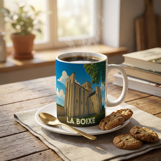 Mug souvenir de la ville de La Boixe avec une illustration stylisée d'une église romane.