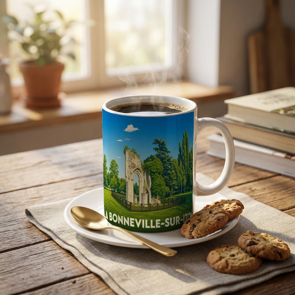 Mug souvenir de la ville de La Bonneville-sur-Iton orné d'une illustration d'une abbaye en ruine.