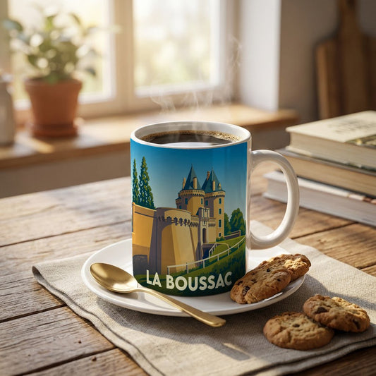 Mug souvenir de la ville de La Boussac illustré d'un château stylisé, posé sur une table avec des biscuits.