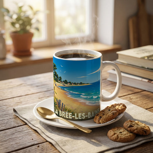 Mug souvenir de la ville de La Brée-les-Bains avec une illustration stylisée de sa plage.