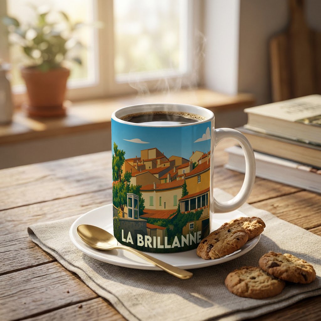 Mug souvenir de la ville de La Brillanne orné d'une illustration stylisée de ses maisons provençales.