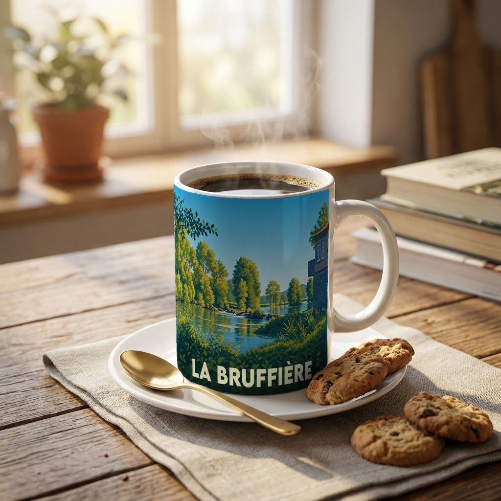 Mug souvenir de la ville de La Bruffière avec une illustration stylisée d'un paysage de rivière.