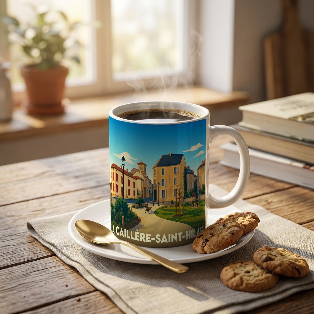 Mug souvenir de la commune de La Caillère-Saint-Hilaire avec une illustration de ses rues ensoleillées.